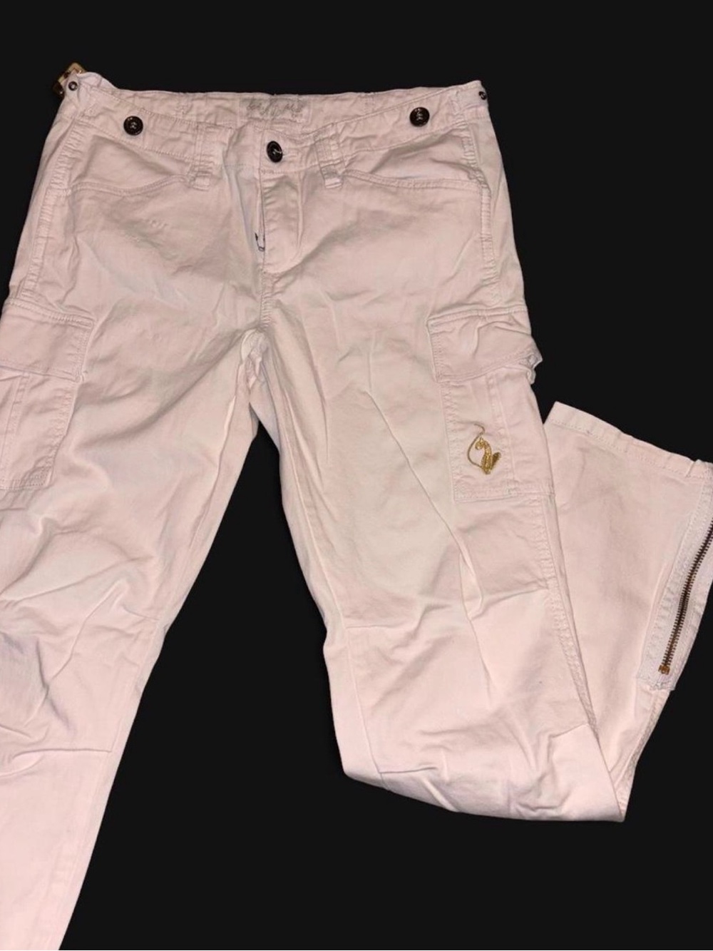 White Baby Phat Cargo Pants with Gold Logo Detail and Accents